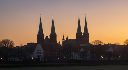 Fototapeta premium City Skyline Silhouette at Sunset with Church Towers and Buildings