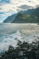 Rocky Coast of Madeira with Powerful Ocean Waves. Nature's raw beauty. Landscapes and endless sea views for adventure, serenity