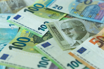 Serbian dinars and euros close-up