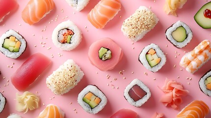 Assorted Sushi Pieces on a Pink Background