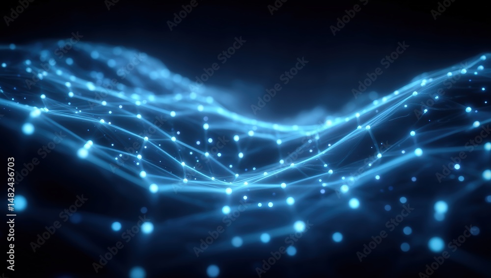 Poster a glowing digital network of blue lines and dots forms an abstract wave pattern on a dark background