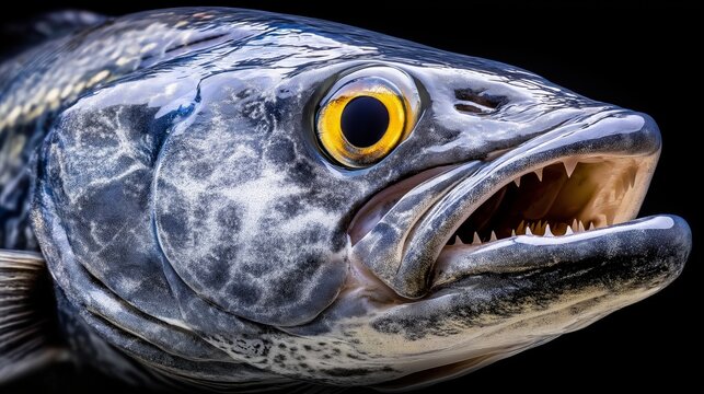 Close-up of Snook Fish: Striking detail of a snook fish, showcasing its sharp teeth, intense gaze, and unique mottled skin pattern against a black background.