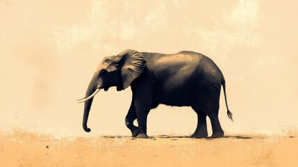 Solitary African elephant walking across a sandy landscape under a pale sky.