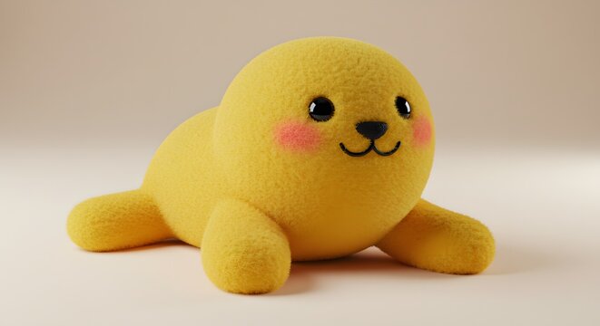 Cute Yellow Seal Plush Toy Sitting on Beige Surface