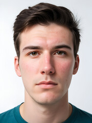 Fototapeta premium Serious young man with acne and rosacea skin condition facing camera, demonstrating dermatological challenges against white background