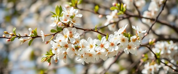 Fototapeta premium Delicate white plum blossoms in full bloom on gracefully arching branches, bathed in spring sunshine, botanical, macro