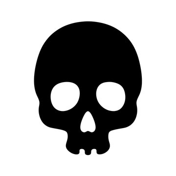 Graphic minimalist black skull on white background with empty eye sockets