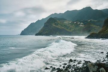 Rocky Coast of Madeira with Powerful Ocean Waves. Nature's raw beauty. Landscapes and endless sea views for adventure, serenity