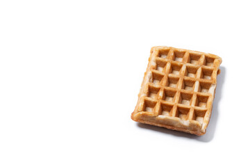 Golden Brown Belgian Waffle Isolated on White Background, Crisp Texture and Square Pattern. Copy space