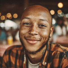 Obraz premium bright and clear close-up portrait photograph of a hispanic man with a friendly smile and slightly stubbled beard, looking directly at the camera with a welcoming gaze,