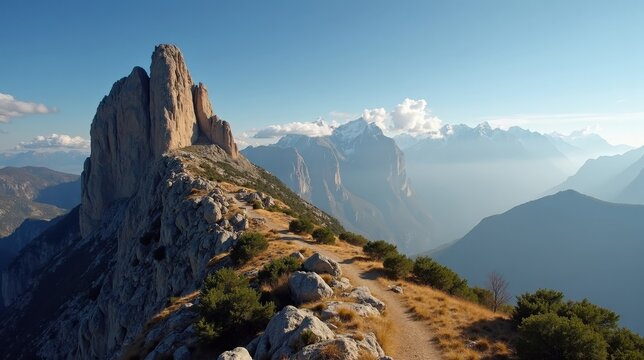 Wide panoramic view of sunlit Aneto Peak with clear midday skies.