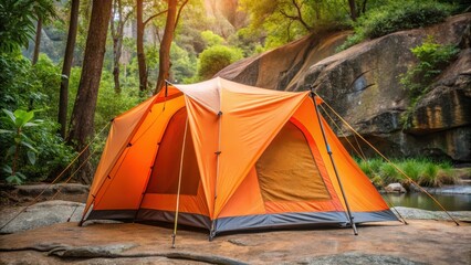 Portable orange colored fabric folding tent with metal pole and pegs set up in a natural environment surrounded by trees and rocks , camping, nature