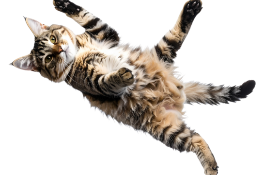 A cat is lying on its back, belly up, and floating in the air with a transparent background