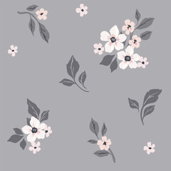 Seamless floral pattern, delicate ditsy print in rustic, folk motif. Romantic botanical pattern of hand drawn plants, small white flowers, leaves, simple bouquets on gray field. Vector illustration.