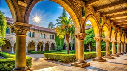 Elegant stone architecture with arches and columns surrounded by lush greenery and sun-drenched rooftops