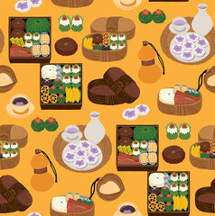  봄날 소풍을 위한 한식 도시락 세트. 끊김없는 심리스 패턴 벡터 일러스트레이션 	