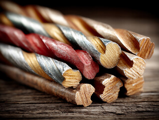 bright and clear close-up product photograph showcasing a set of various wood drill bits, including twist bits, spade bits, and forstner bits