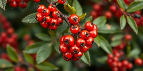 Obraz premium Close-up of vibrant red terebinth berries clustered on a branch, photography, raw