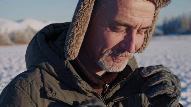 Happy man adjusting winter hat outdoors