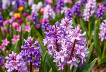 Obraz premium Close-up of vibrant purple, pink, and white hyacinths blooming in Istanbul's Gülhane Park, hyacinths, park