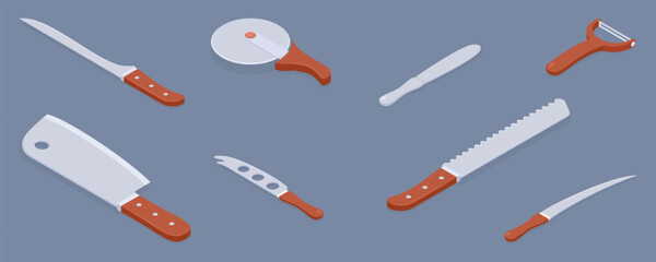 Naklejka premium Set of kitchen knives. Knife with plastic handle. Knife for cleaning vegetables, peel, vegetable, bread knife, fillet, cleaver, pizza cutter. 3d flat isometric vector illustration.