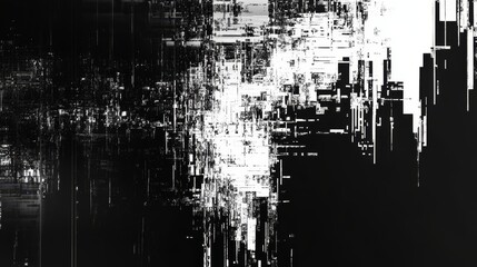 A glitching, distorted black and white digital background 
