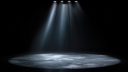 A single spotlight illuminates an empty stage, casting a dramatic circle of light in a dark, shadowy environment.