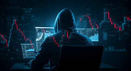 Silhouette of Hooded Hacker Overlooking Falling Stock Market Charts on Multiple Computer Screens in Dark Cyberpunk Style