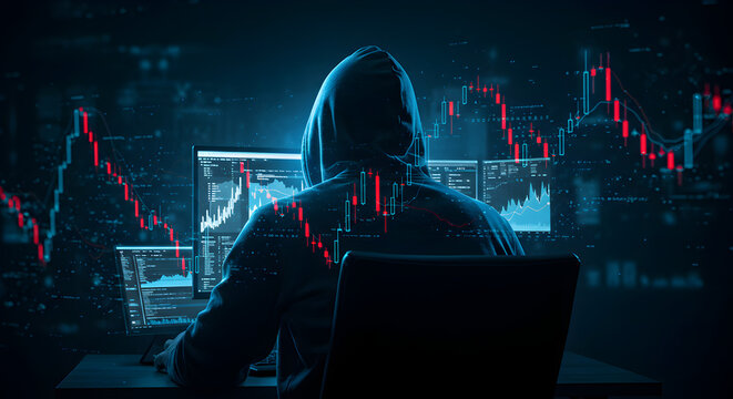 Silhouette of Hooded Hacker Overlooking Falling Stock Market Charts on Multiple Computer Screens in Dark Cyberpunk Style