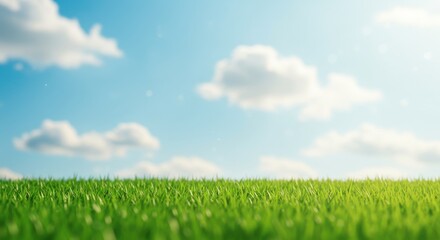 Obraz premium Lush green grass under a clear blue sky with fluffy clouds in the background