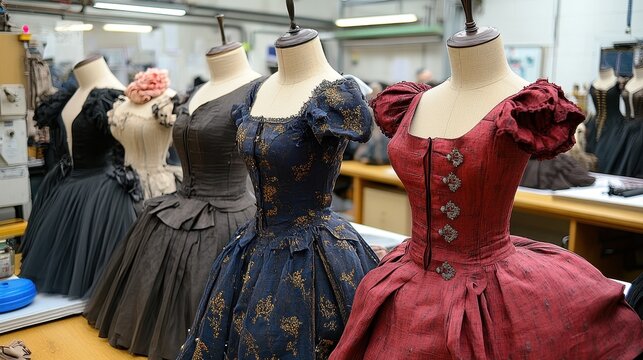 collection of vintage dresses displayed on mannequins in a costume workshop