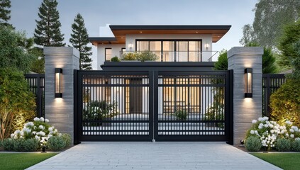 Modern two-story house with large windows, elegant lighting, and a sleek black gate, surrounded by lush landscaping and trees.