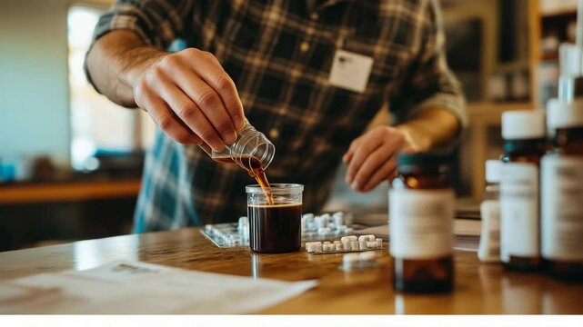 Crafting a Potion: Pharmacist Carefully Preparing a New Drug Formulation at Desk