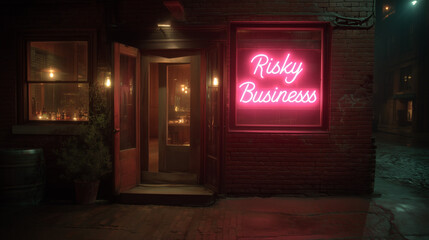 Vintage Style Storefront With Pink Risky Business Neon Sign In Alley At Night
