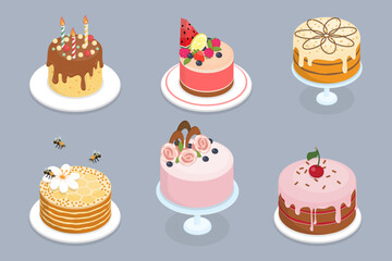 Cakes set. Cake collection for birthday party, wedding, anniversary and holiday celebration. Isometric flat illustration yummy dessert.