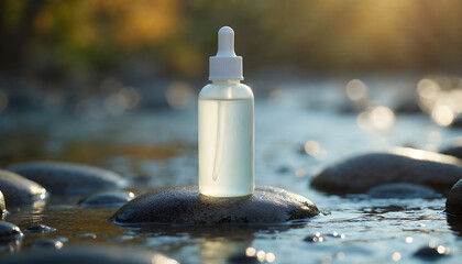 Serene Nature: Essential Oil Bottle on River Rocks