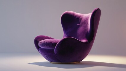 Unique purple velvet chair design with sleek curves showcased in minimalist studio setting