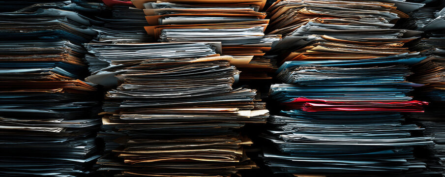 A dense arrangement of files and papers stacked closely together, showcasing the chaos often found in an office environment filled with important documents and outdated records.