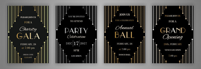 Elegant black Charity Gala, Party Celebration, Annual Ball, Grand Opening invitation cards. Art deco fancy geometric decor in shades of gold and silver metal. EPS 10 vector ilstration.