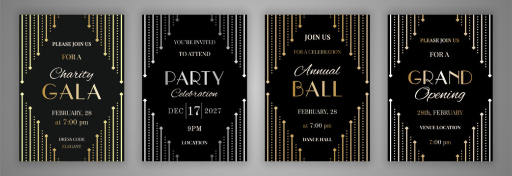 Elegant black Charity Gala, Party Celebration, Annual Ball, Grand Opening invitation cards. Art deco fancy geometric decor in shades of gold and silver metal. EPS 10 vector ilstration.