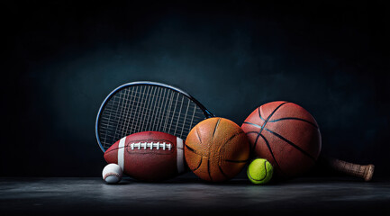 A captivating arrangement of various sports equipment including a tennis racket, basketball, football, baseball, and tennis ball, showcasing the diversity and excitement of sports.