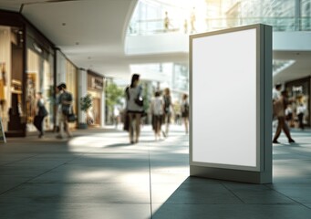 Blank billboard in a modern shopping mall. Busy pedestrian traffic surrounds the advertising space