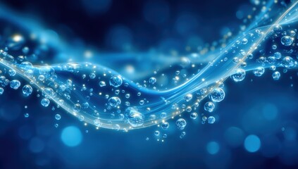 Abstract blue background with sparkling water droplets and fluid wave-like lines, creating a fresh and dynamic visual effect.
