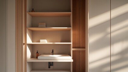 Fototapeta premium Modern bathroom design showcasing minimalist shelving and elegant sink in a serene environment