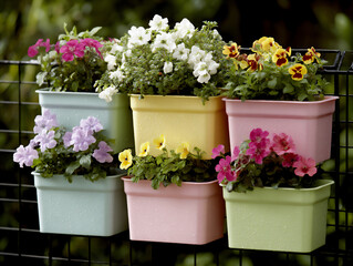 bright and vibrant outdoor diy garden photograph featuring a vibrant vertical garden created with colorful plastic containers of different shapes and sizes