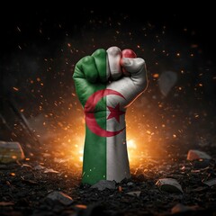 Resolute Algerian Fist Amidst Fire and Rubble