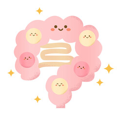 手描きの善玉菌がいっぱいの腸のイラスト