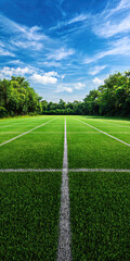 Obraz premium A pristine soccer field, marked with white lines, stretches ahead under a bright blue sky, surrounded by lush green trees, perfect for a day of outdoor sports.