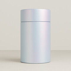 A high-quality 3D rendered image of a luxury cylindrical rigid paper tube packaging. The tube has a smooth, iridescent finish that reflects soft pastel hues of blue, pink, and lavender under diffused 