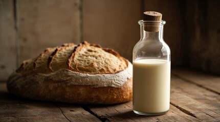 Freshly baked bread with a bottle of milk on a rustic wooden table in morning light